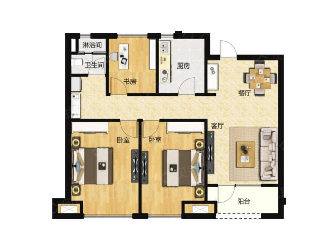 城楼盘】三居室户型图|3室2厅1厨1卫建面 96m05房型图-高密贝壳新房