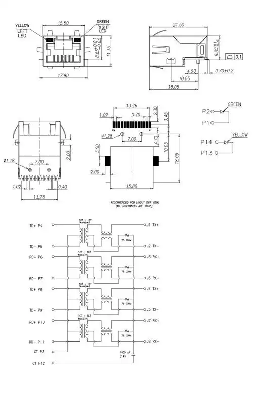 rj45网络接口smt带千兆变压器沉板式带塑脚带灯带弹贴片pin针安装