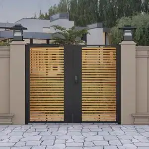 简约铁艺木大门别墅庭院门双开百叶农村围墙栅栏门小区花园双开门