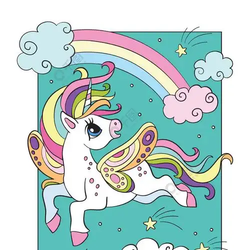 可爱的独角兽翅膀在天上飞孤立在白色背景上的矢量卡通色彩丰富的插画