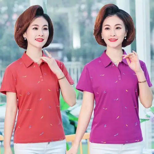 妈妈夏装宽松短袖上衣棉汗衫中老年女装夏天带领子纯棉运动衫t恤