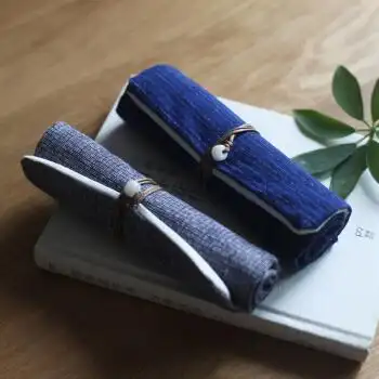 笔袋 粗布日式文艺复古棉麻笔袋男女布艺笔帘钢笔中国风特色手工艺 蓝