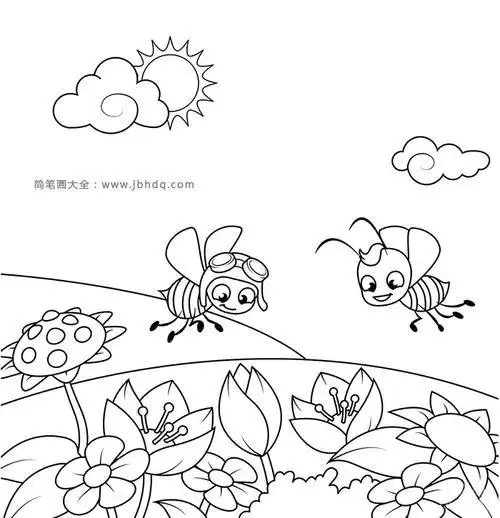 卡通草地花朵简笔画家乡变化手抄报蓝天草地自绘图图片手绘草地上五