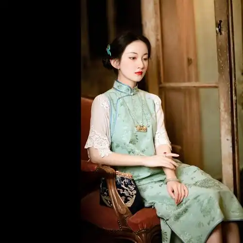 汐岚花边年轻旗袍复古国风袖民倒大蕾丝花蕾丝旗袍