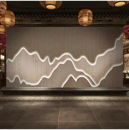 格栅背景墙现代木墙纸山水造型装饰壁画客厅电视布茶室壁纸整张加厚