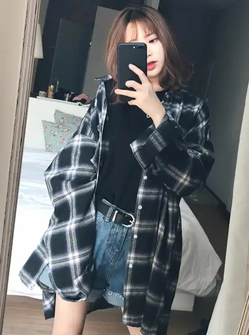 中长款格子衬衫女秋季新款韩版宽松百搭学生气质减龄衬衣上衣外套