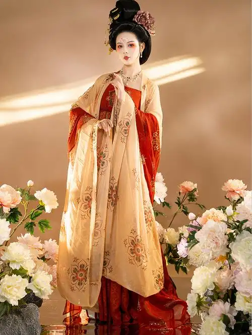 古装唐代海棠私语女羞花唐制汉服女原创唐风诃子裙大袖衫披帛套装淘宝