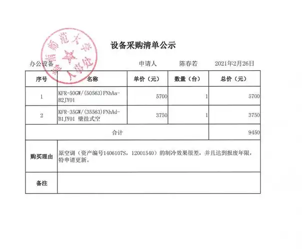 设备采购清单公示