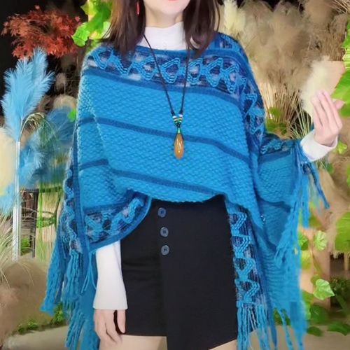 民族风2024流苏中长款斗篷披肩女套头毛衣宽松不规则蝙蝠衫针织衫