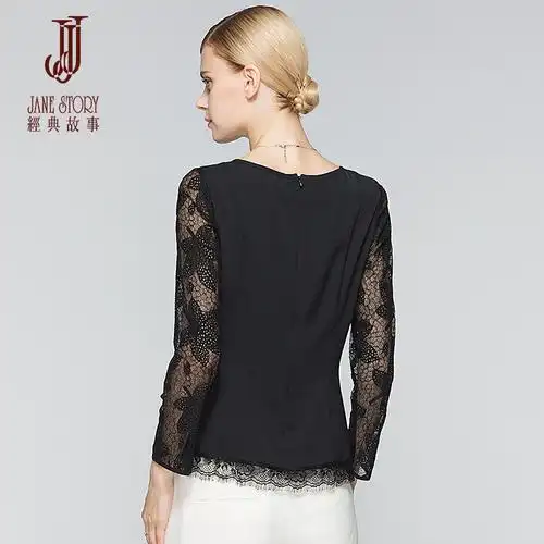 经典故事秋装女士上衣长袖t恤蕾丝镂空优雅通勤体恤女