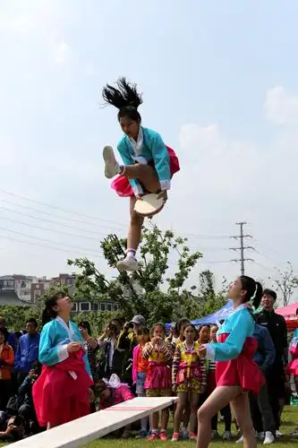 展示会现场进行朝鲜族跳板表演 王栋 摄