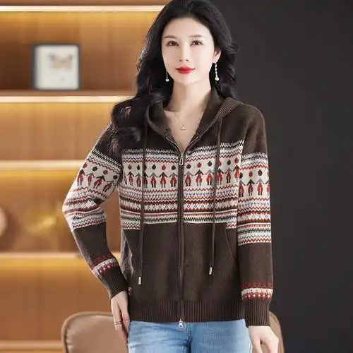 女大码 宽松外搭针织衫 拼色提花毛衣外套女 - 女装/女士精品优惠券更