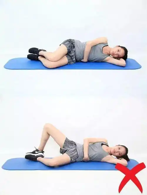 动作9:侧卧直推上摆   正确动作要领:侧卧位,上腿伸直做外展动作至