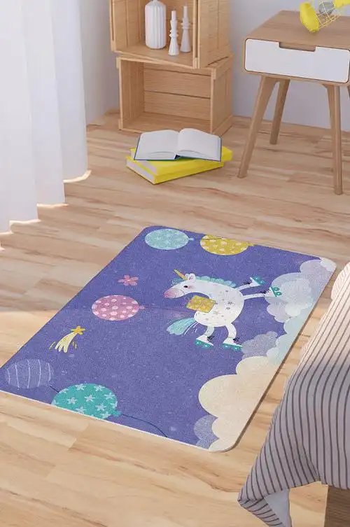 紫色矢量手绘独角兽卡通可爱脚垫地毯图案