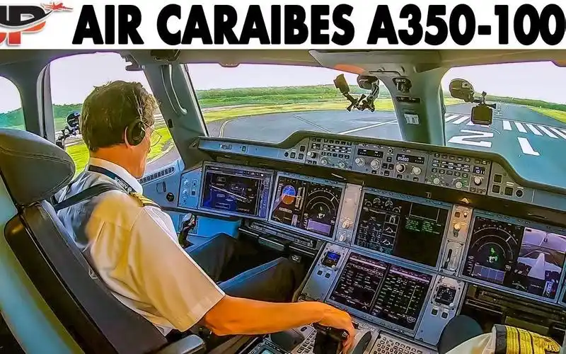 驾驶舱视角观看空客a3501000从瓜德罗普航起飞