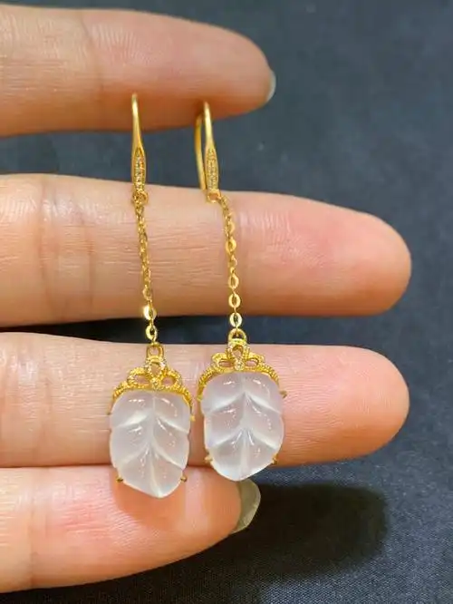 不议退18k金镶嵌翡翠高冰叶子耳环种水一流肥厚饱满质地细腻光洁