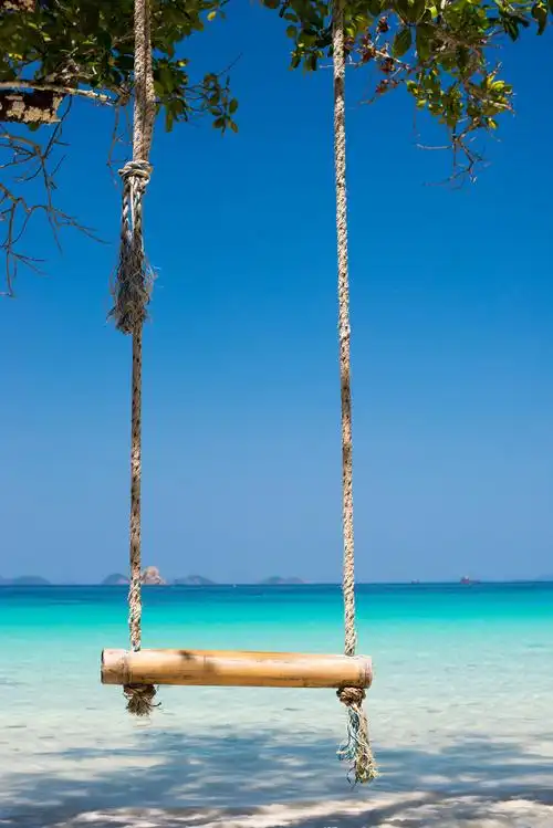 夏季沙滩上树上挂着摆动的竹秋千户外装备