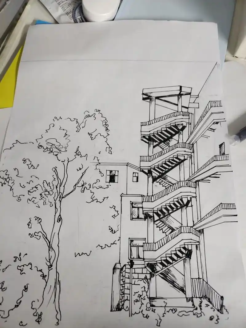 校园风景画 尝试画风景画的第1天.