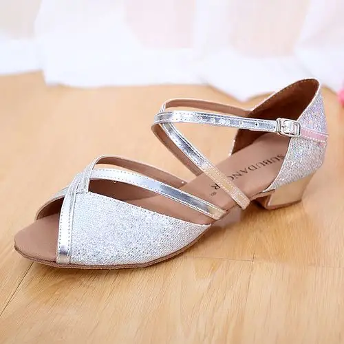 女童拉丁舞鞋儿童女孩少儿舞蹈鞋水晶中跟软底练功鞋跳舞鞋