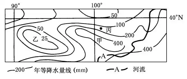 读我国某地区年等降水量线分布图回答下列问题
