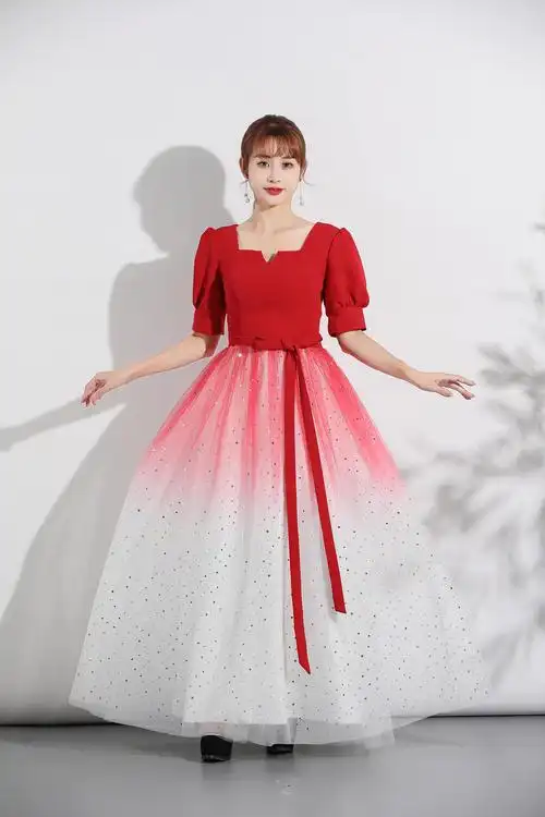 红歌大合唱团演出服女成人长裙指挥朗诵独唱比赛服装渐变红色礼服