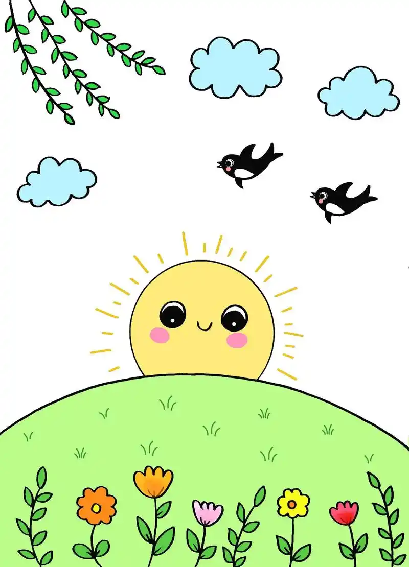 春天就来了,万物复苏,春暖花开,鸟语花香,和孩子一起来画这幅简单的