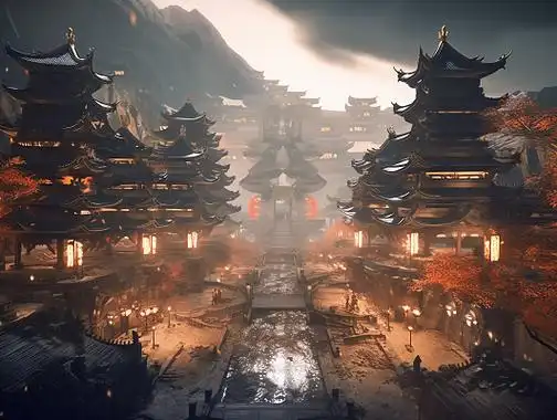 唯美古风动漫复古建筑廊亭植物山水云间插画中国古典建筑城楼游戏场景