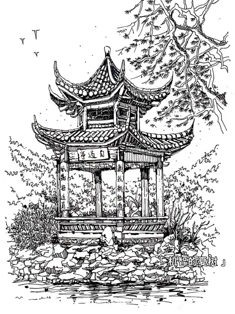 夏树丨小亭子–附过程 建筑速写分享钢笔画 约稿didi!