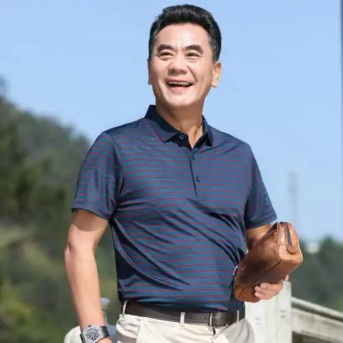 夏季中老年条纹男式休闲上衣薄款爸爸装翻领短袖男式t恤