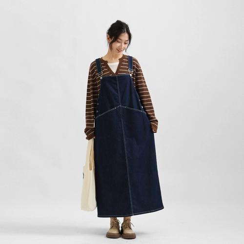 bbfer本依凡春季女装24年中长连衣裙syslq0097复古宽松背带牛仔裙