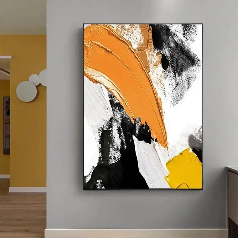 现代简约手绘油画立体抽象黑白橙装饰画竖版玄关壁画走廊尽头挂画