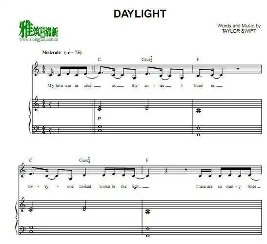 taylor swift - daylight 钢琴伴奏谱