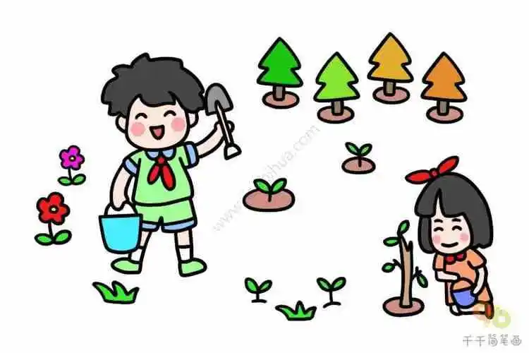 植树节男孩女孩简笔画植树节简笔画