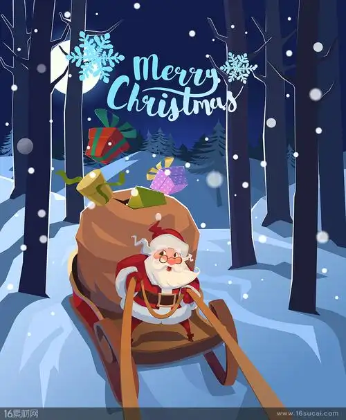 关键词:卡通风格圣诞老人雪橇车丛林夜晚雪花积雪海报背景矢量素材