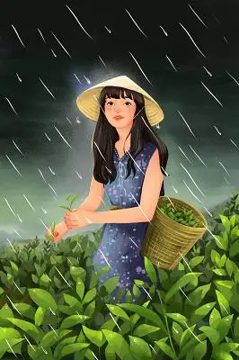 卡通手绘谷雨采茶小清新插画素材
