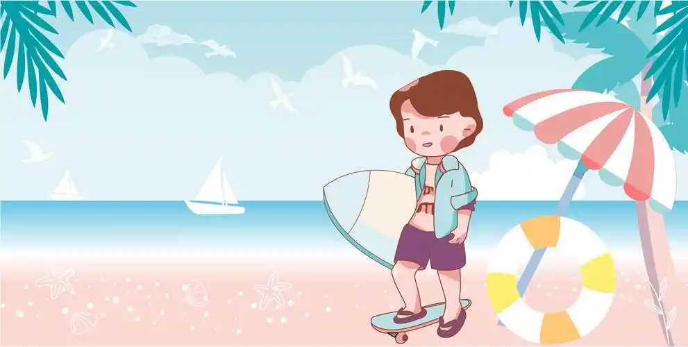 夏日男孩儿童滑水海边矢量插画横版