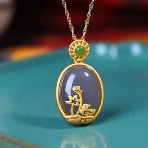 古法银镶和田玉烟青色蛋面女士吊坠配礼盒  链子】中秋佳选