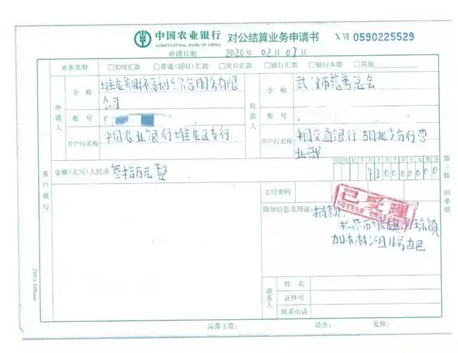 丹增旺姆家人所属公司堆龙善财公司向武汉市慈善总会捐款的银行流水单