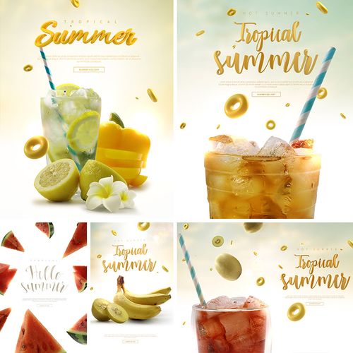 清凉夏天冰镇果汁饮料西瓜柠檬汁冰块冷饮海报psd设计元素材92006