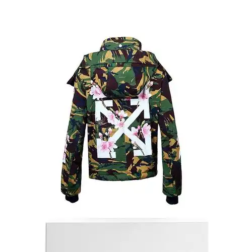 香港直发offwhite女士迷彩印花连帽拉链棉服短外套