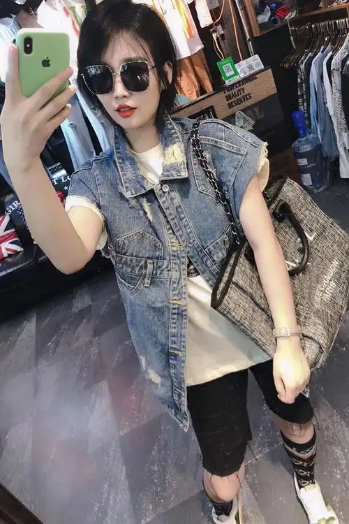 破洞牛仔马甲女中长款马夹外贸无袖大码宽松韩版休闲潮流外穿坎肩