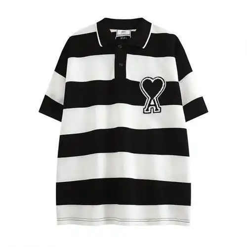美潮牌ami短袖爱心a贴布刺绣桃心polo条纹半袖宽松情侣男女t恤 黑色