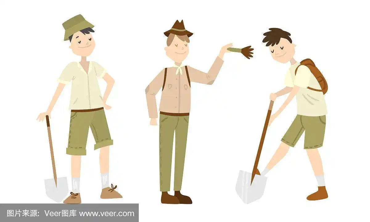 三个卡通考古学家的角色在工作.矢量插图在平面卡通风格.