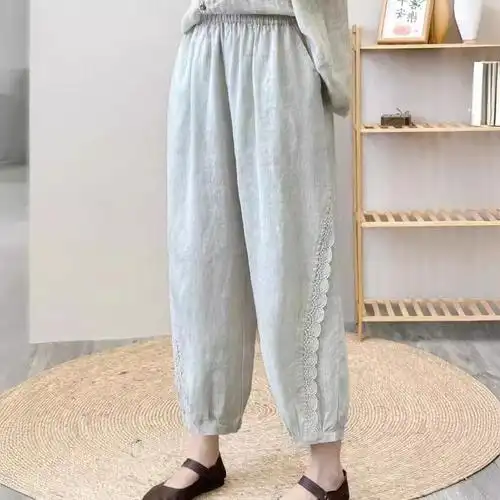亚麻花边哈伦裤2024复古简约韩版松紧腰显瘦百搭宽松休闲九分裤女