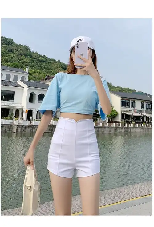 xina香港潮牌白色短裤女夏季外穿打底高腰紧身弹力显瘦小个子超短热裤