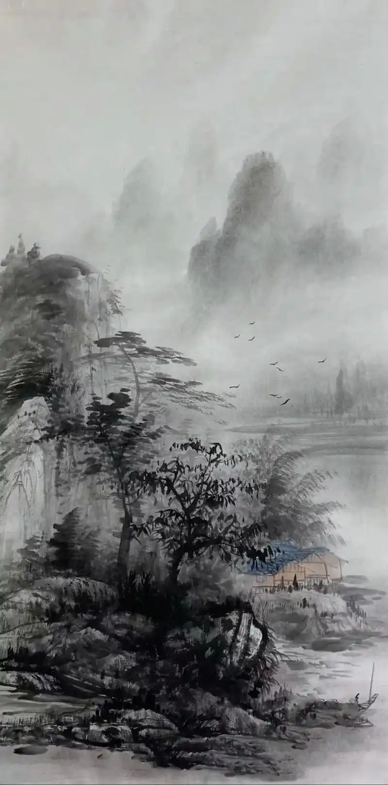 水墨山水画.山岳苍劲挺拔,宛如雄伟的画卷展开.水波潺潺,宛 - 抖音