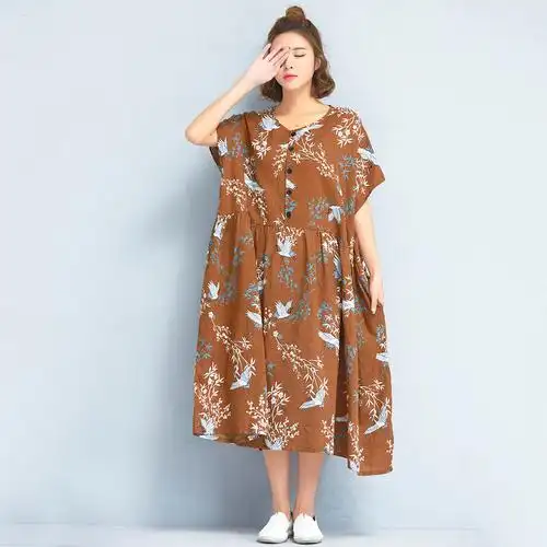 特肥特大码女装300斤春夏装棉麻长裙肥婆胖妹200超大号过膝连衣裙