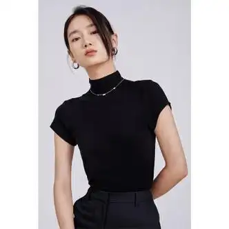 夏天女士t恤高领短袖女针织外穿女生中袖上衣夏修身短袖女冰黑色s8095