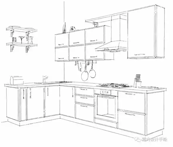关于厨房橱柜的室内设计手绘线稿