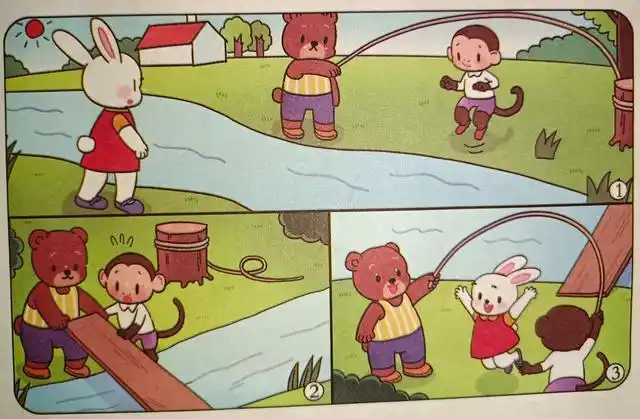 看图画写一写:看图想一想,小熊,小猴,小白兔之间发生了什么事?